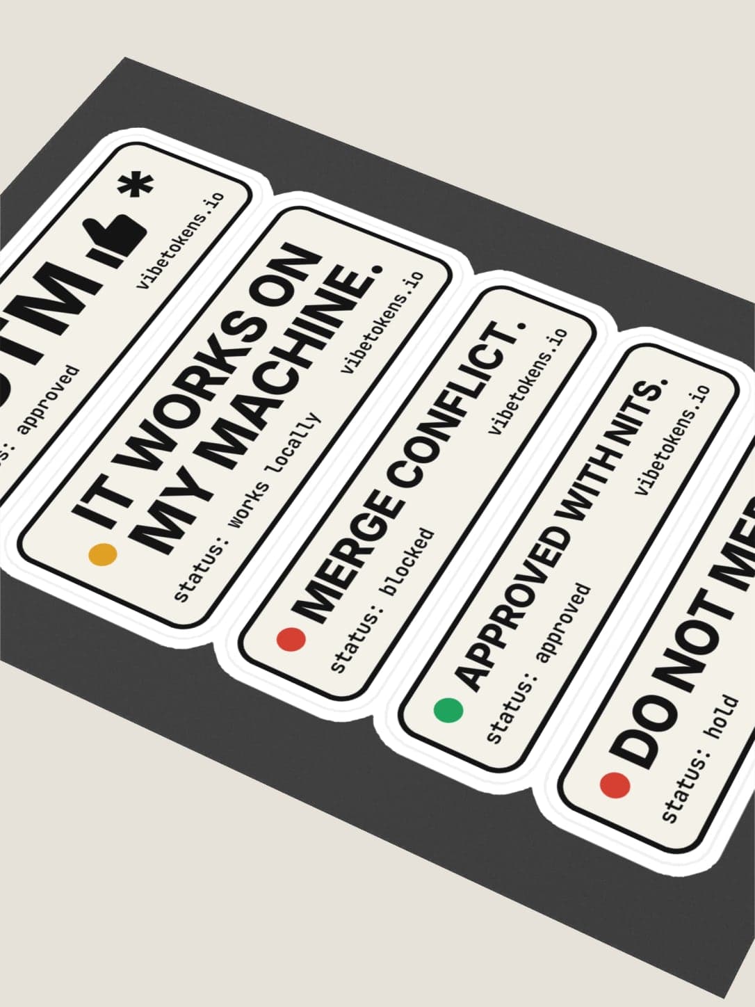Code Review Sticker Sheet close up, the badges turned sideways. Fourthwall mockup.