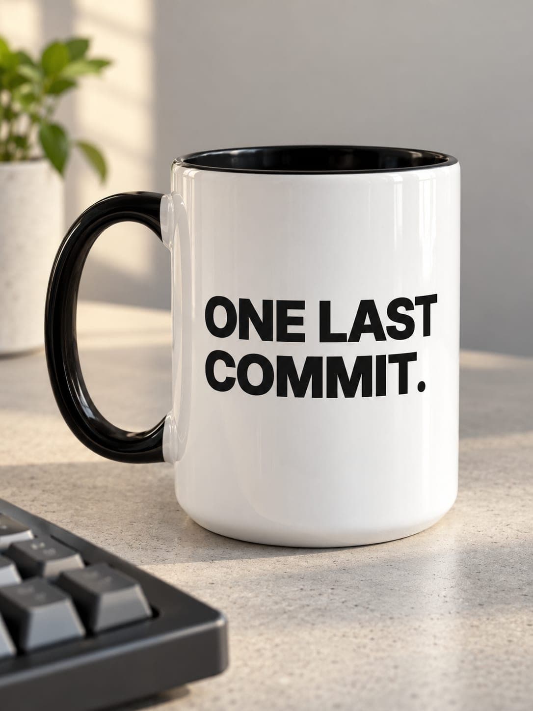 ONE LAST COMMIT Mug: white 15 oz mug, black inside, ONE LAST COMMIT. printed on the side. AI-generated mockup.