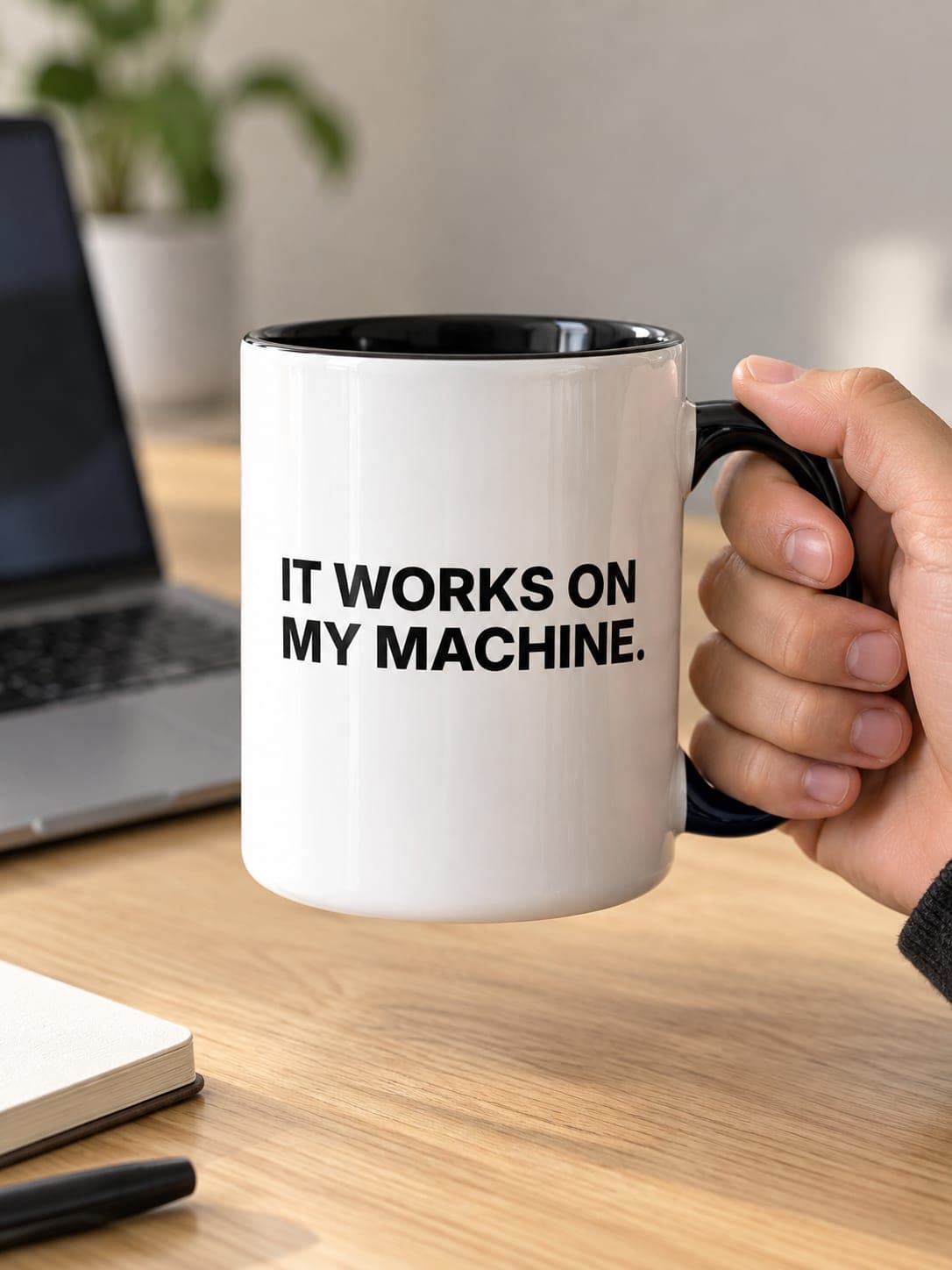 IT WORKS ON MY MACHINE Mug: white 15 oz mug, black inside, IT WORKS ON MY MACHINE. printed on the side. AI-generated mockup.