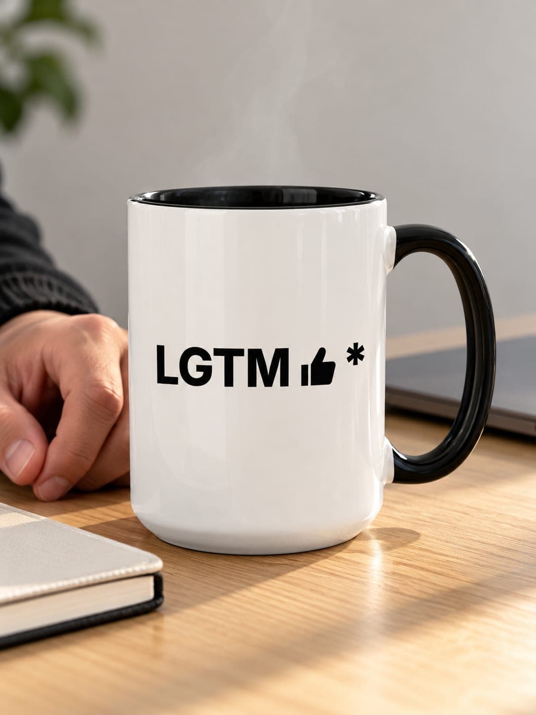 LGTM Mug: white 15 oz mug, black inside, LGTM thumbs-up* printed on the side. AI-generated mockup.
