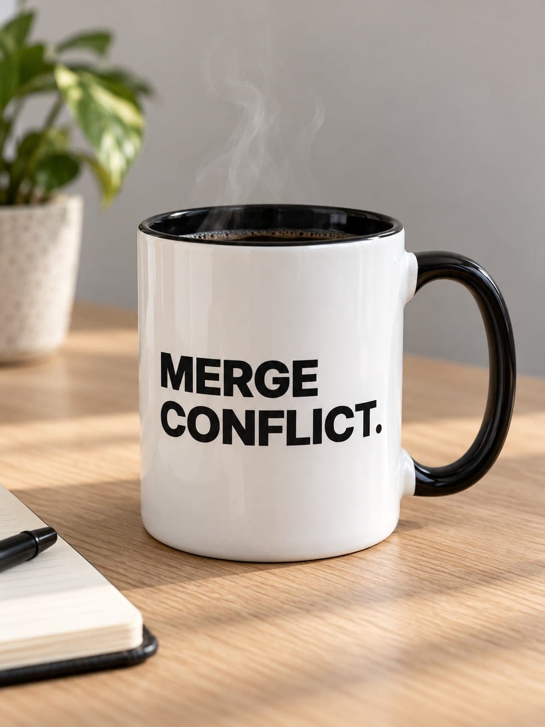 MERGE CONFLICT Mug: white 15 oz mug, black inside, MERGE CONFLICT. printed on the side. AI-generated mockup.